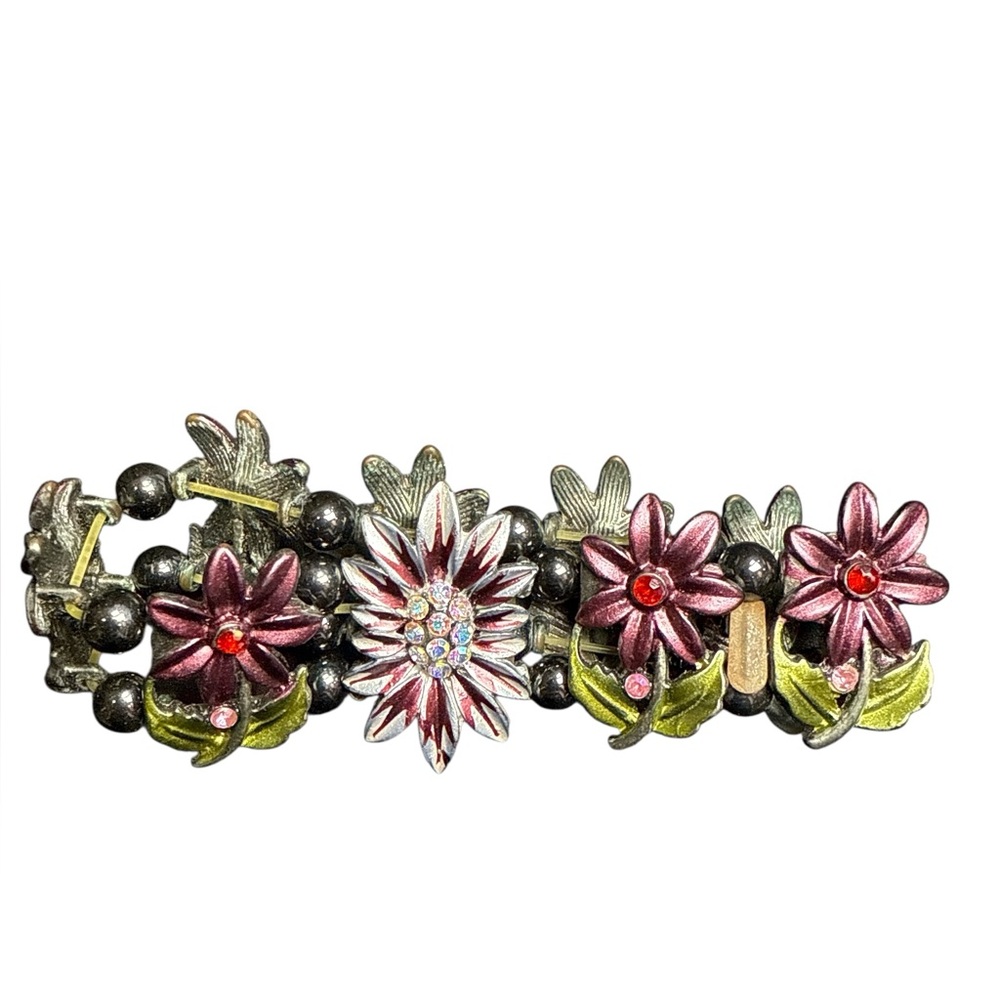 Vintage Bracelet Pure Floral Link‎ Beaded Flower Leaf Chain Jewelry Purple Green